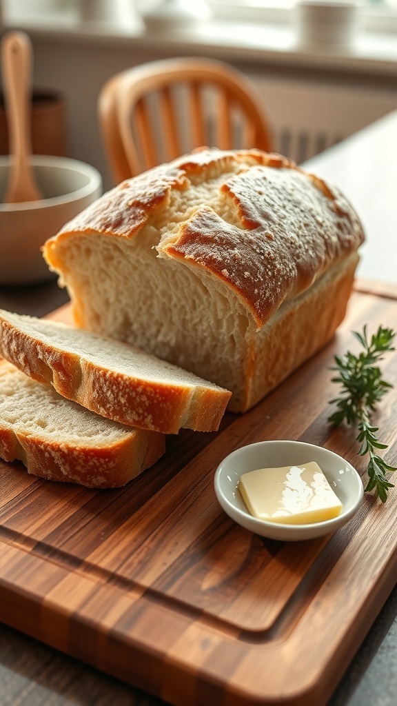 Freshly baked yeast-free bread loaf sliced on a cutting board with butter and herbs.
